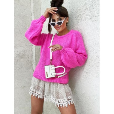 Sweter z bufiastymi rękawami neon róż