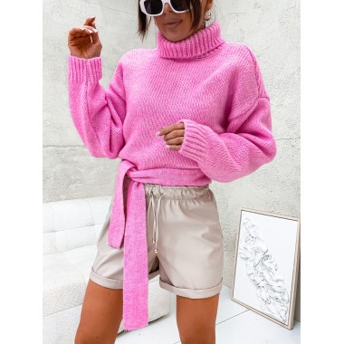 Sweter wiązany z golfem hot pink